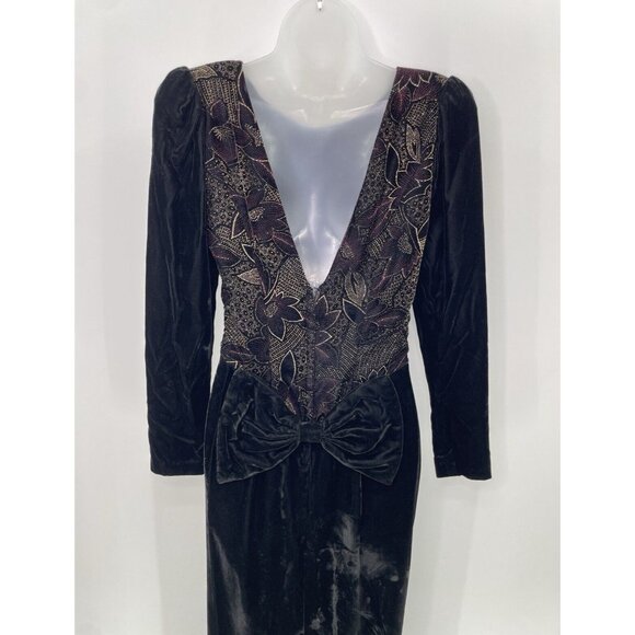 Vtg Jessica McClintock Black Velvet Shimmer Floral Bow Dress Sz 6 Dark Romantic - Picture 2 of 16